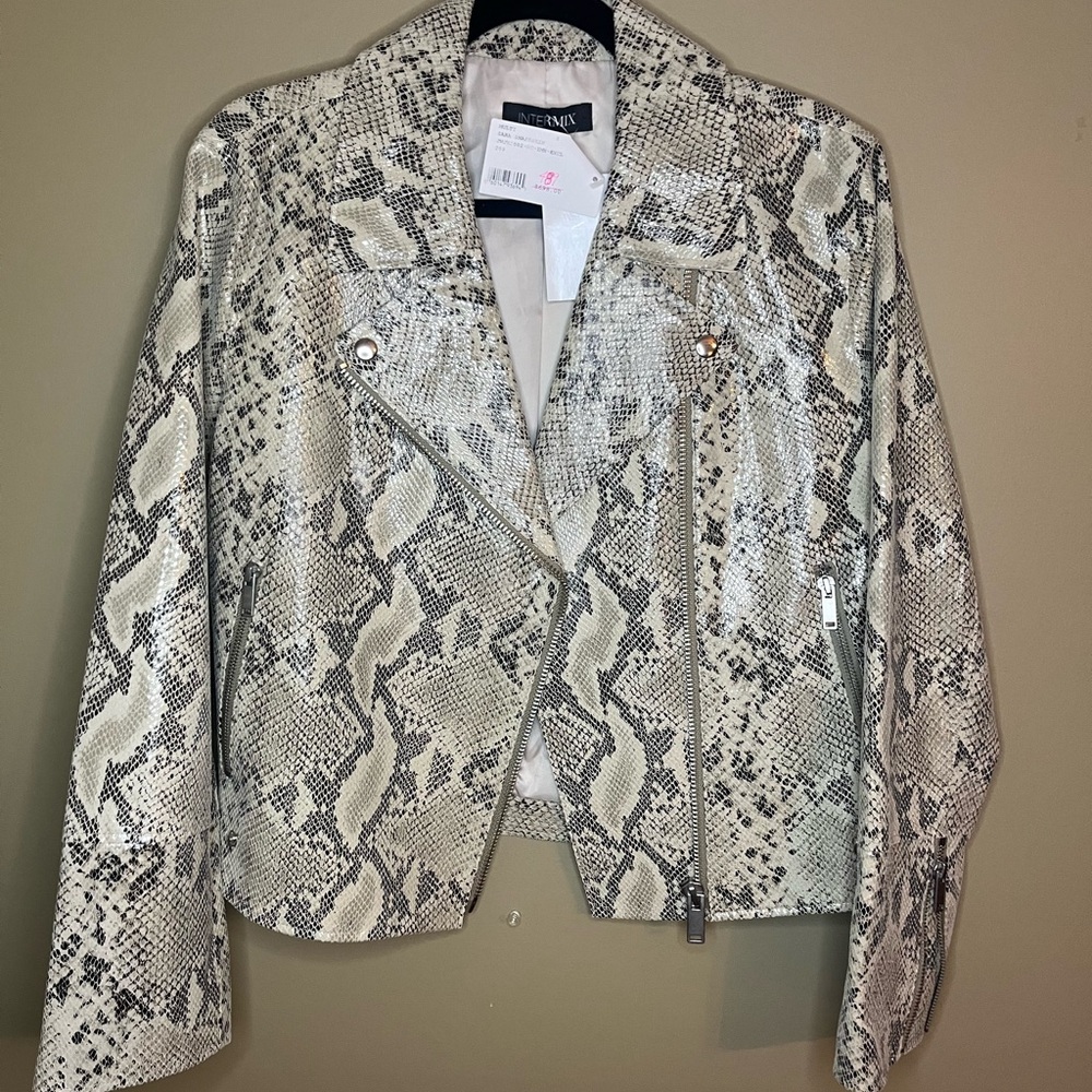 INTERMIX Snakeskin Leather Jacket in Cream and Black - Picture 1 of 8